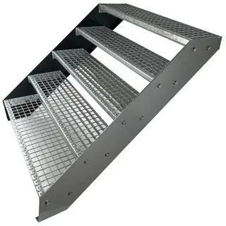 Kaminbau Mierzwa Außentreppe Premium Treppe Silber Höhe Verstellbar, für Geschosshöhen bis 95 cm, Stufen Gitterroststufen nach DIN 24531, (Höhe 95 cm, Breite wählbar aus 60, 80, 100, 120, 140 cm), Gartentreppe Stahltreppe Wetterfest Rostfrei Feuer-Verzinkt Rutschfest grau|silberfarben
