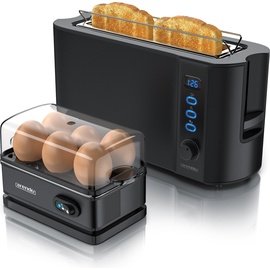 Arendo - SET Toaster FRUKOST mit Eierkocher SIXCOOK Edelstahl Schwarz, Toaster 2 Scheiben, LED-Display, 6 Bräunungsgrade, Brötchenhalter - Eierkocher