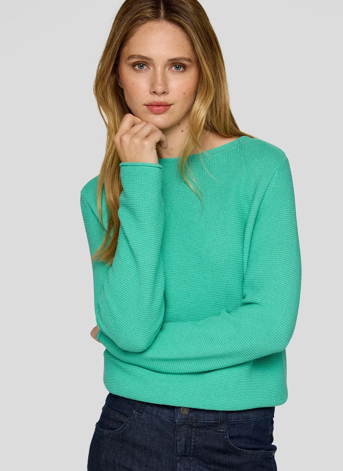 Rundhalspullover RABE, Damen, Gr. 44, smaragd, Strick, Obermaterial: 52% Polyester, 42% Baumwolle, 6% sonstige Fasern, unifarben, regular fit normal, Rundhals, Rollkante, Pullover Rundhalspullover, in Struktur-Optik