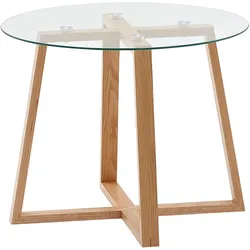Massiver Eiche-Glas Couchtisch, Modernes Design, Überkreuztes Gestell. 58x58x47 cm | Kadima Design