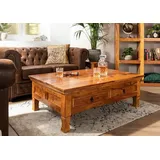 Massivmoebel24 Couchtisch OXFORD (Extravaganter Couchtisch im Landhausstil mit 2 Schubladen, braun lackiert 120x75x40 Akazie montiert), hochwertiges Edelholz;authentische Holzadern;aufwendige Schnitzereien und Verzierungen; braun