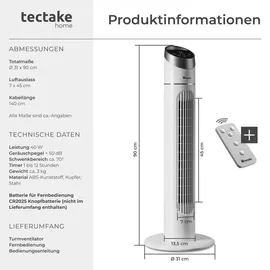 Tectake Turmventilator 90 cm Weiß