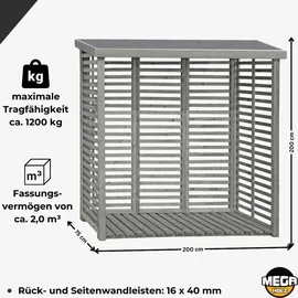 Delta Gartenholz Kaminholzregal Flammo L Holz 208 x 75 x 200 cm mit Rückwand Grau