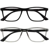 OPULIZE NYX Blaulichtfilter Lesebrille für Damen Herren - Blendfreie UV400-Schutz Federscharnier Anti-Müdigkeit - 2er-Pack - Rechteckiger Rahmen - Schwarz Grau - + 1,00