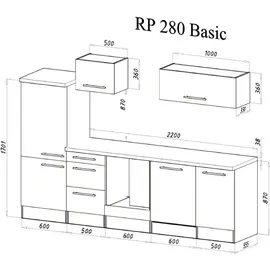 Respekta Küchenzeile Premium 280 cm Schwarz Hochglanz-Weiß