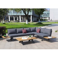 Mendler Aluminium Garten-Garnitur HWC-M62, Sitzgruppe Garten-/Lounge-Set Sofa, Holzoptik Gestell anthrazit, Polster dunkelgrau