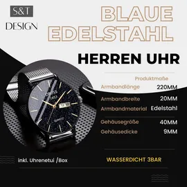 s&t design Edelstahl Armbanduhr Datum Luxus Herren Uhr Männer Quarz Uhr Herrenuhr schwarz - Schwarz/Schwarz