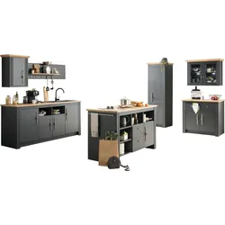 Küche KOCHSTATION "KS-Westminster", grau (küche: grau dunkel, korpus: grau dunkel, arbeitsplatte: eiche wotanfarben), B:366cm T:60cm, Komplettküchen-Sets, Breite 366 cm, ohne E-Geräte