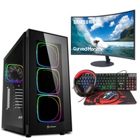 Multimedia Komplett Set - Ryzen 5 5600G 6x4,4GHz - 16GB RAM - Radeon Graphics - 27"Samsung Curved LED Monitor - RGB Echtglas Gehäuse