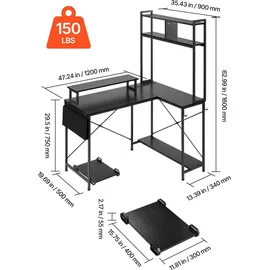 Vevor Gaming Tisch L Form 1,2 m, Eck-Computertisch mit Monitorständer, Steckdosen, Verschiebbarem CPU-Ständer & Ablage, Eckschreibtisch 68 kg Tragfähigkeit, Gamertisch für Homeoffice