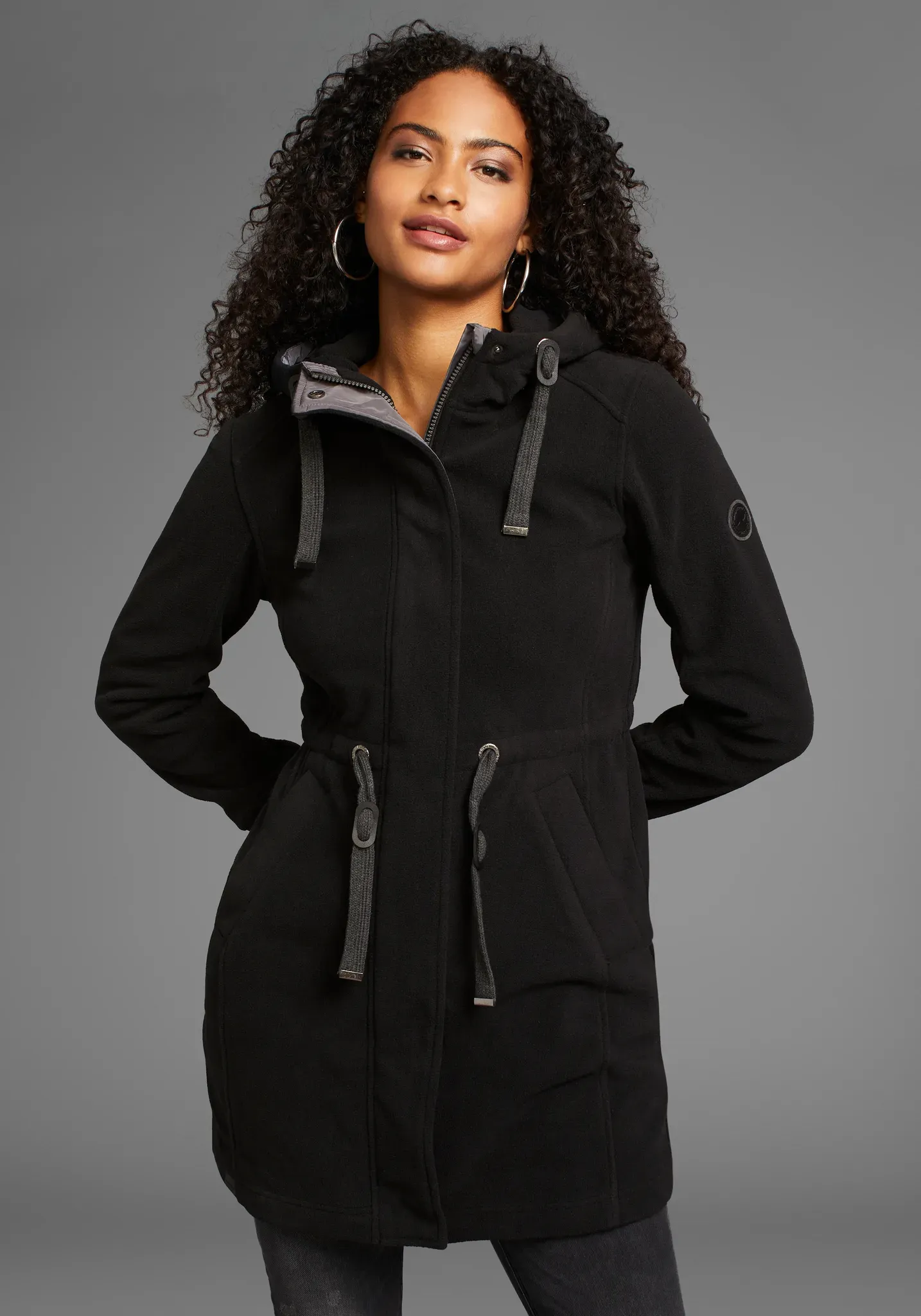 Fleecejacke KANGAROOS, Damen, Gr. 32, schwarz, Fleece, Obermaterial: 100% Polyester, unifarben, figurumspielend, Rundhals, angesetztes Bündchen, Jacken Fleecejacke, mit Kapuze, aus Fleece, mit Kordelzug, mit 2-Wege-Reißverschluss