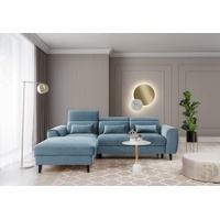 Friderik-EU Ecksofa FOBLE Elegante Couch aus Samtstoff, Schlaffunktion, Zierkissen, Bettkasten blau