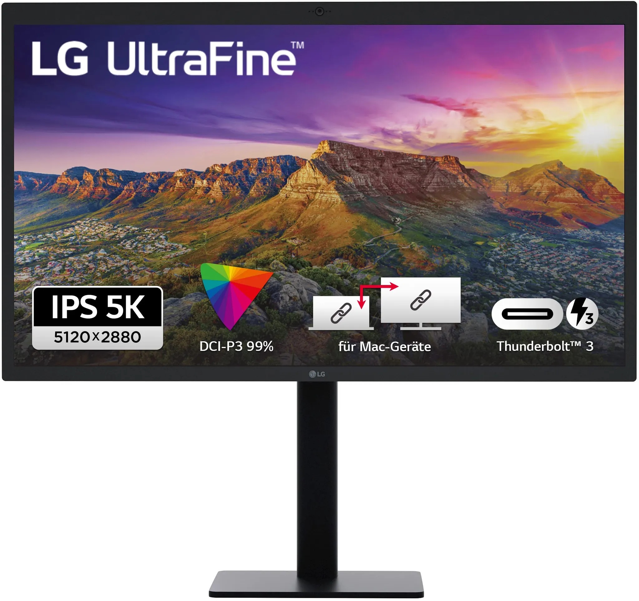 LG Ultrafine 27MD5KLP-B, Apple IPS UHD 5K 27 Zoll (5120 x 2880, 12 ms, 500 cd/m2, DCI-P3 99%, Thunderbolt 3, USB-C x3, Lautsprecher, Kamera, verstellbar in der Höhe), Schwarz