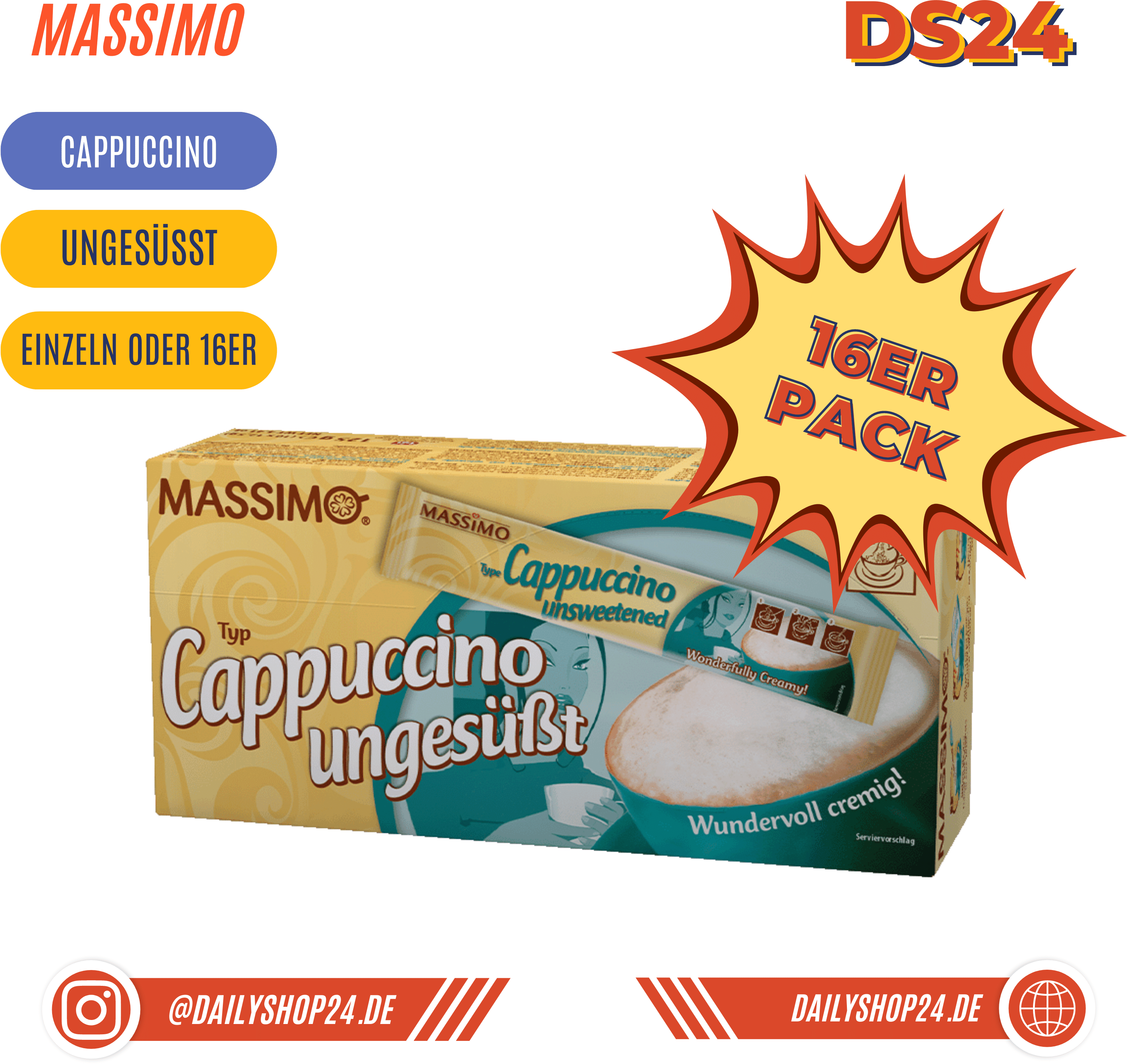MASSIMO Kaffe Sticks - 16 Stück Vorteilspack / Cappuccino Ungesüßt