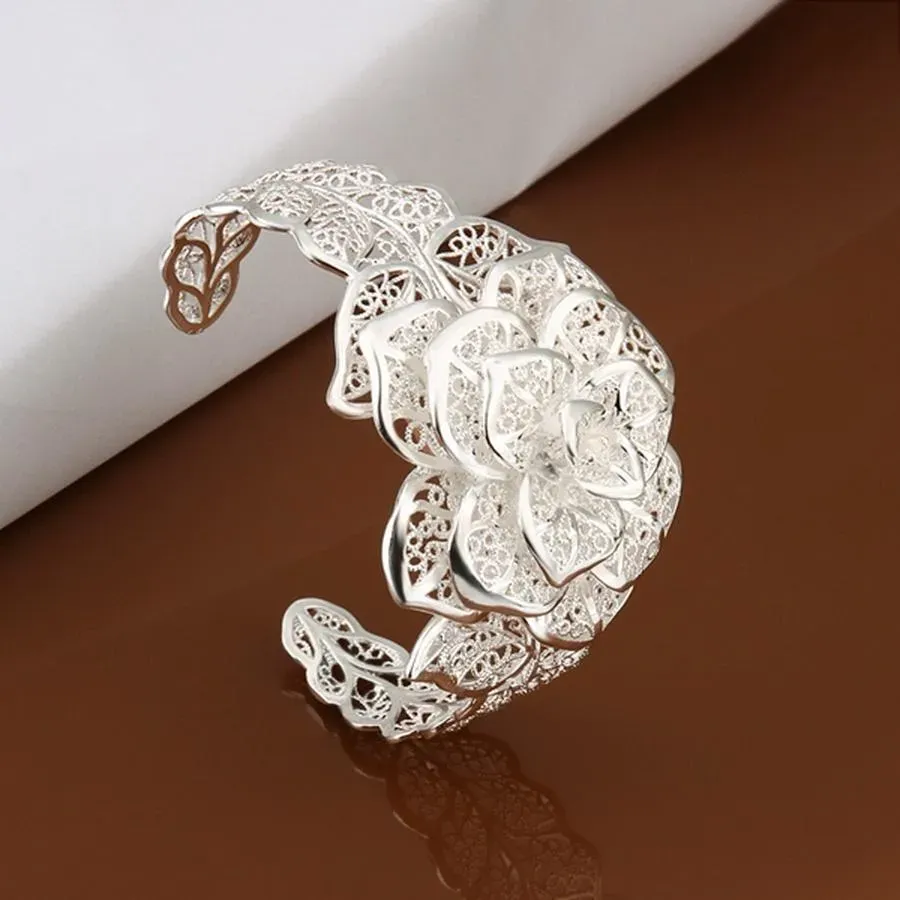 S925 Sterling Silber Schmuck Armreif Engagement Exquisite Retro Charme Hohl Große Frauen Dame Blumen Öffnungen Armband