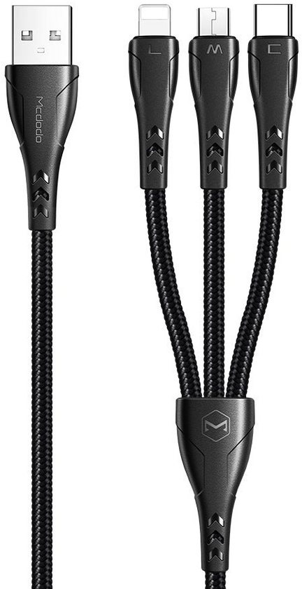 mcdodo Mamba Series 3 in 1 Lightning+Micro USB+Type-c Ladekabel 1.2m Smartphone-Kabel schwarz