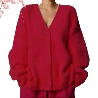 BXCZEDW Luxuriöse Kaschmir-Cardigan, flauschiger Damen-Strickpullover, Knopfleiste, V-Ausschnitt, offene Vorderseite, weiche Strickjacken, rot, S - S