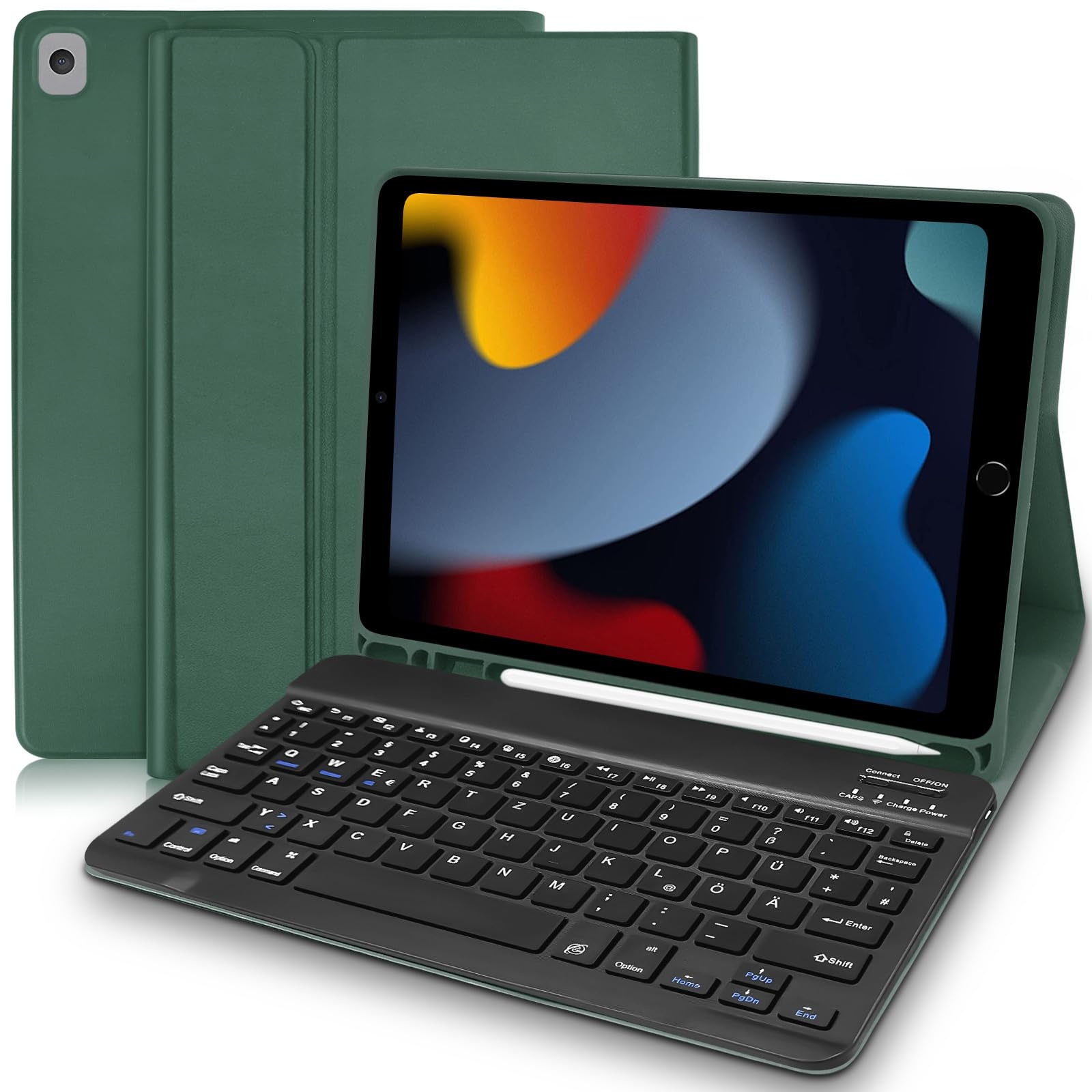 Lielax Hülle mit Tastatur ipad 10.2“, iPad 9.Generation mit Tastatur 2021, Schutzhülle mit Kabellose Abnehmbare QWERTZ-Tastatur für ipad 9./8./7. Gen, iPad Air 3. Gen, iPad Pro 10,5, Dunkelgrün
