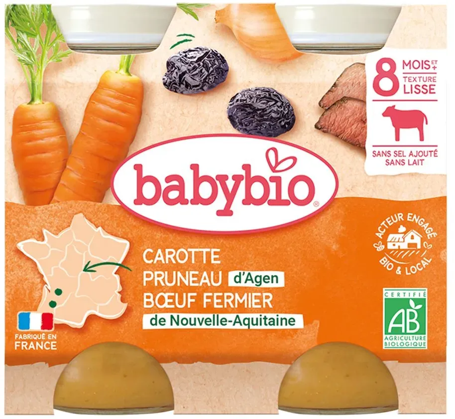 Babybio Menü Karotte, Pflaume aus Agen, Rindfleisch vom Bauernhof aus Nouvelle-Aquitaine