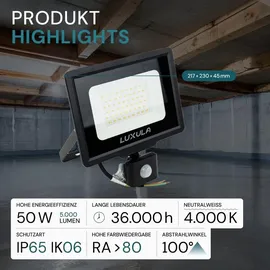 LUXULA Außenstrahler LED 50 W 5000 lm inkl. Bewegungsmelder schwarz IP65