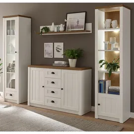 furn.design Wohnwand, Weiß, Eiche, Metall, Nachbildung,Pinie, Uni, 8 Fächer, 5 Schubladen, 270x198x43 cm, Wohnzimmer, Wohnwände, Wohnwand-Sets