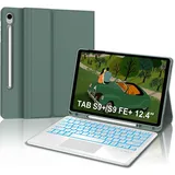 Tastatur für Samsung Galaxy Tab S10+/S9FE+/S9+ con Touchpad, Hülle Tastatur Kompatibel mit Samsung Tab S9/S9FE/S10 Plus 12.4 Zoll 2023/2024, 7-Farbige Beleuchtung Magnetisch QWERTZ Layout, Dunkelgrün