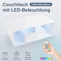 Couchtisch Beistelltisch LED Beleuchtung Kaffeetisch Modern Schublade Weiß 100cm