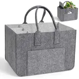 Haiane Filztaschen Shopper aus 4mm Filz – Tragekorb mit Griffen – Filztasche mit Fächern für Strand, Auto, Picknick, Robuster Tragekorb als Einkaufswagentasche, Mutti Korb (Grau & Hellgrau) - 40 cm x 27 cm x 27 cm