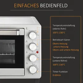 Homcom Minibackofen 32L 1600W Elektrischer Mini Ofen mit Schlackenauffangwanne Metall Edelstahl Glas Silber 52,2 x 38,1 x 33,5 cm