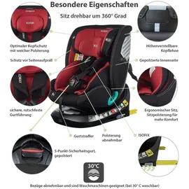 XOMAX G409 IOT Kindersitz drehbar 360°, ISOFIX I mitwachsend I 0-36 kg, 0-12 Jahre, Gruppe 0+/1/2/3, 5-Punkt-Gurt, 3-Punkt-Gurt I Bezug waschbar I ECE R129 I Black-Red