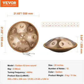 Vevor Handpan, 55 cm, 12 Noten, D-Moll-Handtrommel, Drum-Instrument mit Schlägeln, 440-Hz-Handpan-Ständer & Tragetasche, Heilende Klangtrommel aus Stahl, Schlaginstrumente für Erwachsene & Anfänger