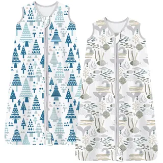 Chilsuessy Sommerschlafsack 2 Stücke Baby Schlafsack Sommer Schlafsack 0.5 Tog 100% Baumwolle Babyschlafsack Ärmellos für Neugeborene, Ozean + Wald, 78cm/6-12 Monate