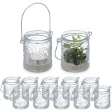 Relaxdays Windlicht, 12er Set, Glas mit Henkel, 7 x 6 cm, innen & außen, Hochzeit Teelichthalter, transparent/Silber