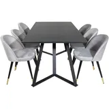 VCM MarinaBLBL Essgruppe Esstisch schwarz und 6 Velvet Esszimmerstühle Velour hellgrau.