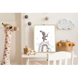 Bild mit Rahmen QUEENCE "Hase mit Blume", grau (farbe rahmen: natur, braun, beige, farbe bild(er): grau), B:40cm H:50cm T:1,5cm, Plexiglas, Holz, Bilder, HD Premium Posterdruck mit Echtholzrahmen