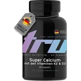 TRU Sports Nutrition | Super Calcium mit Vitamin D3 + K2-90 Kapseln - mit 200mg Calcium, 750 I.E. Vitamin D3 und 51μg Vitamin K2 - Hochdosiert - 100% Vegan | Herstellung & Laborprüfung in Deutschlan