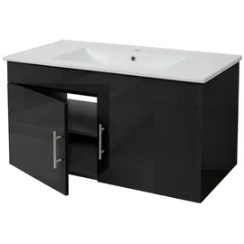 Mendler Waschbeckenunterschrank HWC-D16, Waschtischunterschrank Waschtisch Unterschrank Badmöbel, FSC® hochglanz 90cm ~ schwarz