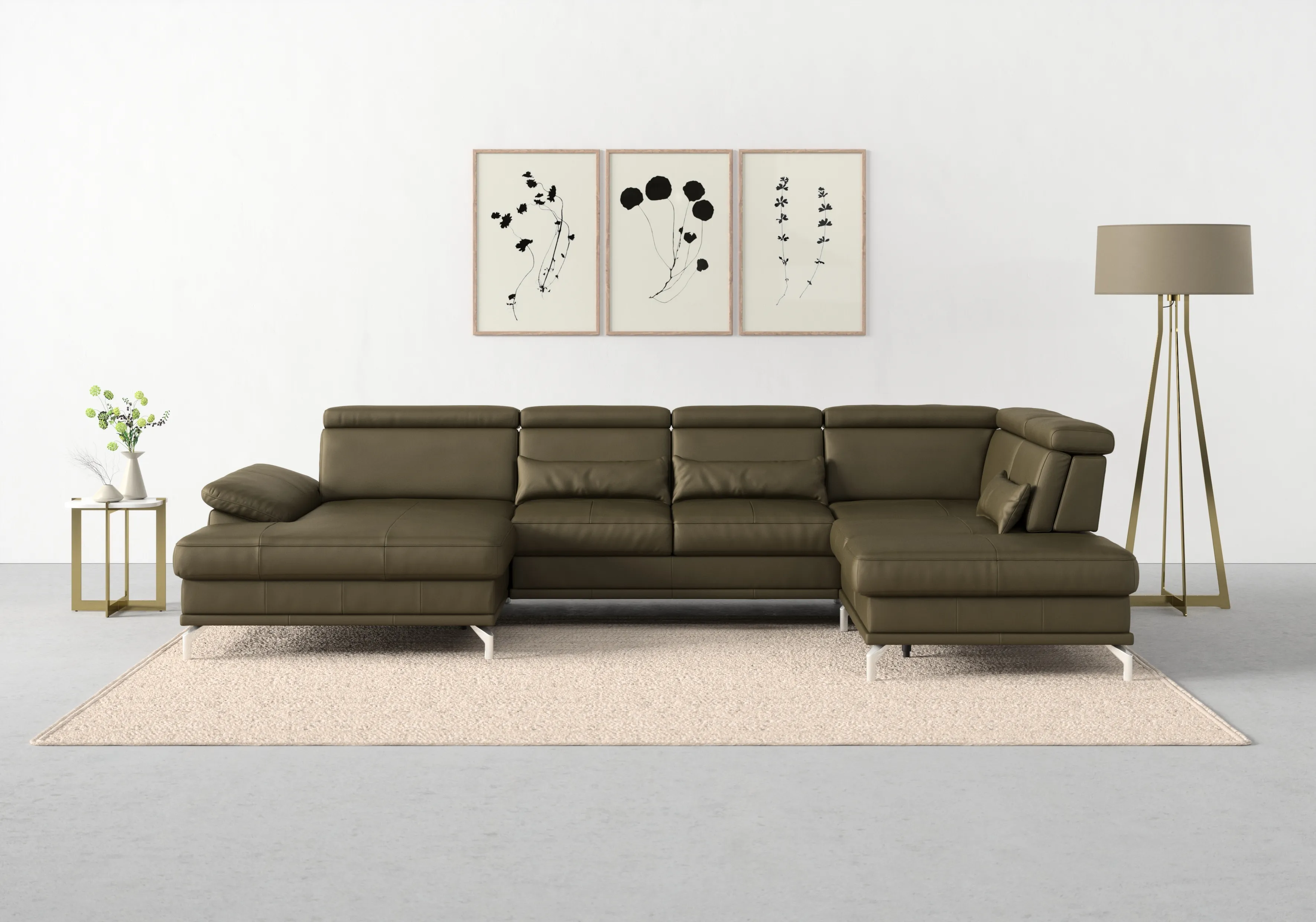 Wohnlandschaft SIT&MORE "Cabrio U-Form" Sofas Gr. B/H/T: 359 cm x 87 cm x 230 cm, NaturLEDER-Spannstoff, Recamiere links, mit Sitztiefenverstellung-mit Kopfteilverstellung-mit Armteilfunktion-mit 3 Nierenkissen-mit Armteilfunktion-mit 3 Nierenkissen, grau (anthrazit) Leder-Wohnlandschaft Sitztiefenverstellung und Federkern, jeweils inklusive 3 Nierenkissen