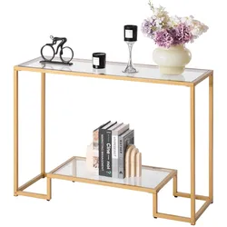 VEVOR 2-stufiger Glaskonsolentisch Rechteckiger Beistelltisch Golden 107cm