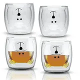 Intirilife 4x Doppelwandiges Thermo Glas Set in 230 ml im Bären Design – Mundgeblasen Latte Macchiato, Teeglas Espressoglas