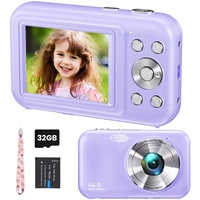 Digitalkamera Fotokamera, FHD 1080P 44MP Kinder Kompaktkamera mit 32GB Karte, Wiederaufladbare Digital Kamera mit 16X Digitalzoom, 2.4" LCD Fotoapparat für Kinder, Mädchen, Jungen, Anfänger(Lila)