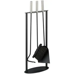 Relaxdays Kaminbesteck, 4-teiliges Set, Schürhaken, Ascheschaufel, Ofenbesen & Ständer, Kamingarnitur, schwarz/silber