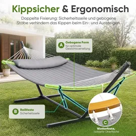 Sekey Hängemattengestell Hängematte mit Gestell Doppelhängematte für 2 Personen mit Kissen bis 200 kg belastbar Ständer für Garten Outdoor St... - Grau