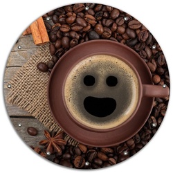 Wallario Sichtschutzzaunmatten Lustige Kaffeetasse mit einem Lächeln – Kaffeebohnen und Zimt, rund rot 90 cm
