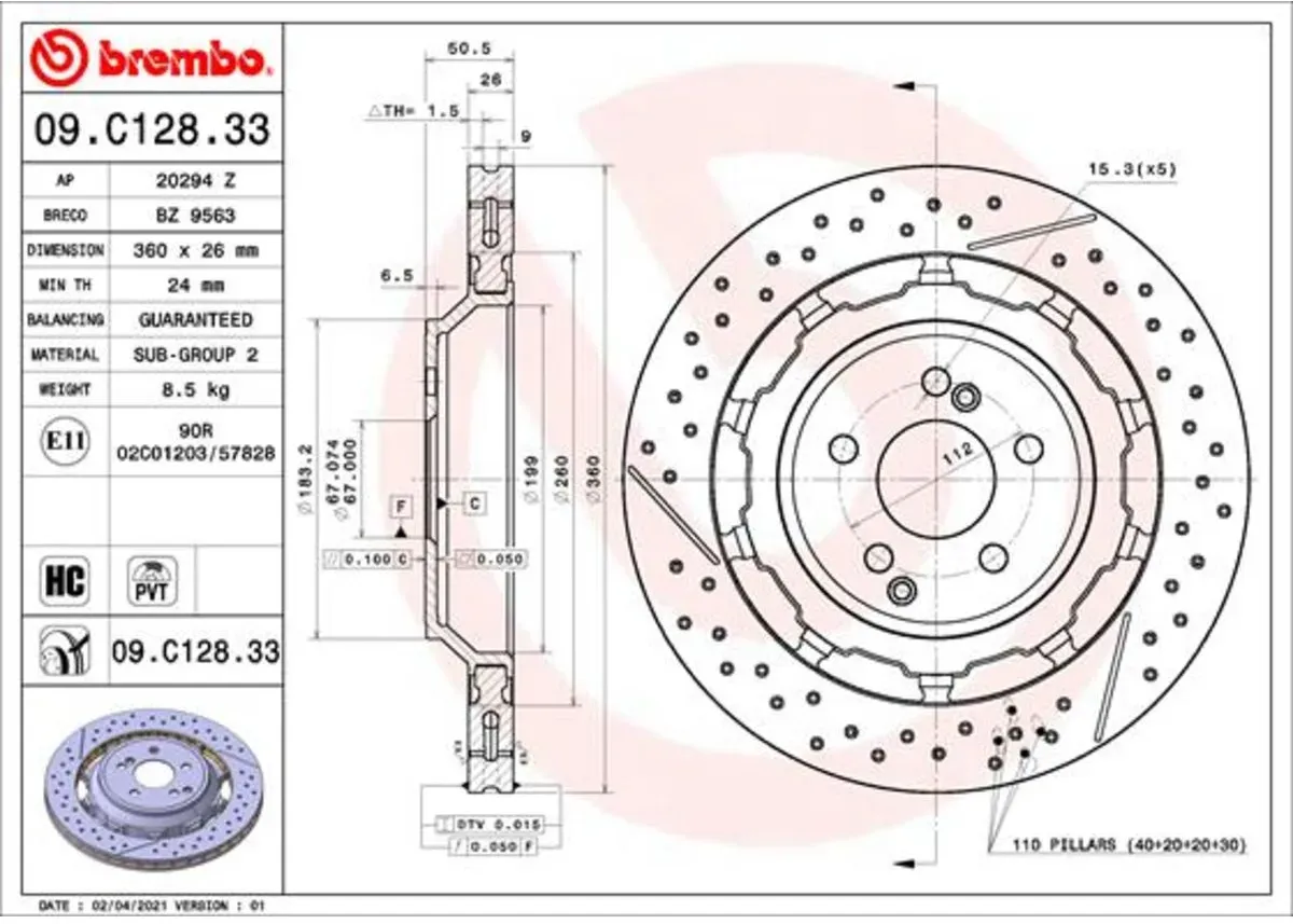 Remschijf - Dual Cast BREMBO 09.C128.33, 1 stuk
