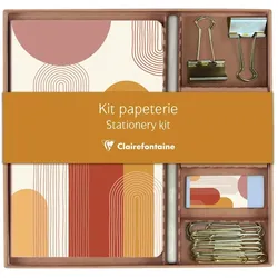 Clairefontaine 3x Terracotta, Schreibwaren-Set mit einem Notizbuch 11x17 cm 32 Blatt liniert, einem Bleistift, 2 Briefklemmern - 116071C