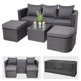 Mendler 3in1-Garnitur HWC-J37, Garten-/Lounge-Set Sonneninsel, Spun Poly Poly-Rattan MVG ~ anthrazit, Kissen dunkelgrau