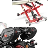 Set: Motorrad Hebebühne Midlift XL bis 500kg in rot ConStands mit Seitentaschen CRB 40-60 Liter Volumen Softshell