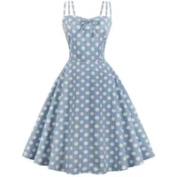 Damen 1950er Vintage Riemen Polka Dot Kleider Hepburn Stil Rockabilly Cocktail Petticoat Swing Kleid S~4XL (4XL, Hellblau) - 4XL