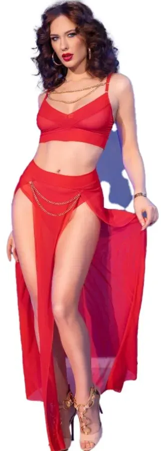 CHILIROSE  CR 4850 Rotes Top und Leggings-Set mit goldenen Accessoires - S